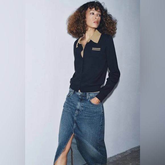 Zara | Light Blue Denim Front Slit Midi Jean Skirt, Front/Back Pockets, Size L - Picture 4 of 15